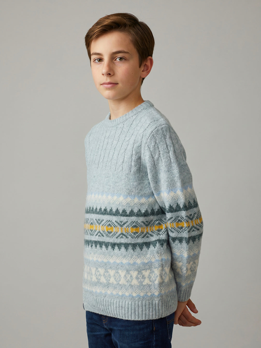 Boys Blue Jacquard Round Neck Full Sleeve Pullover