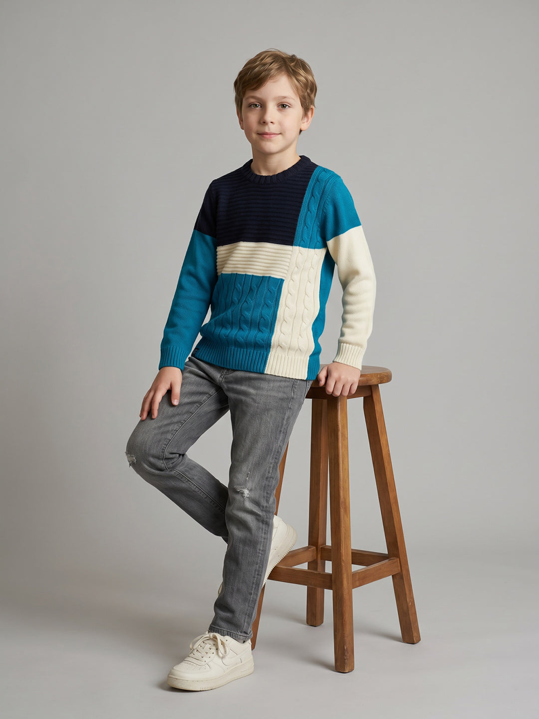Boys Blue Self Design Round Neck Full Sleeve Pullover