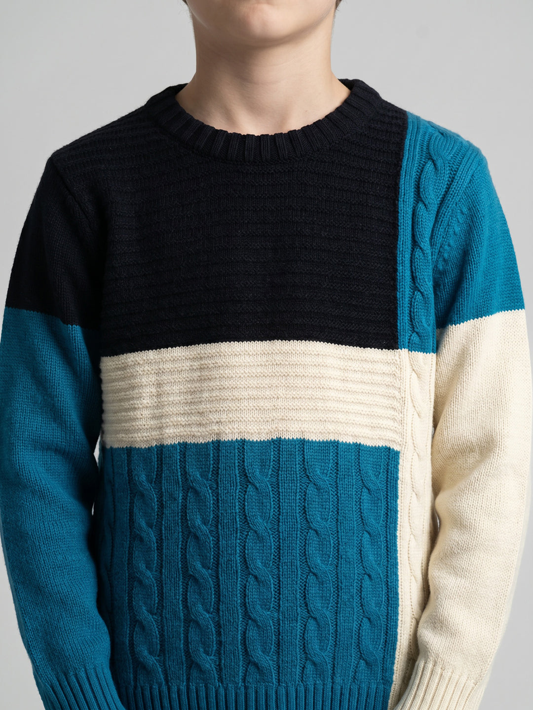 Boys Blue Self Design Round Neck Full Sleeve Pullover