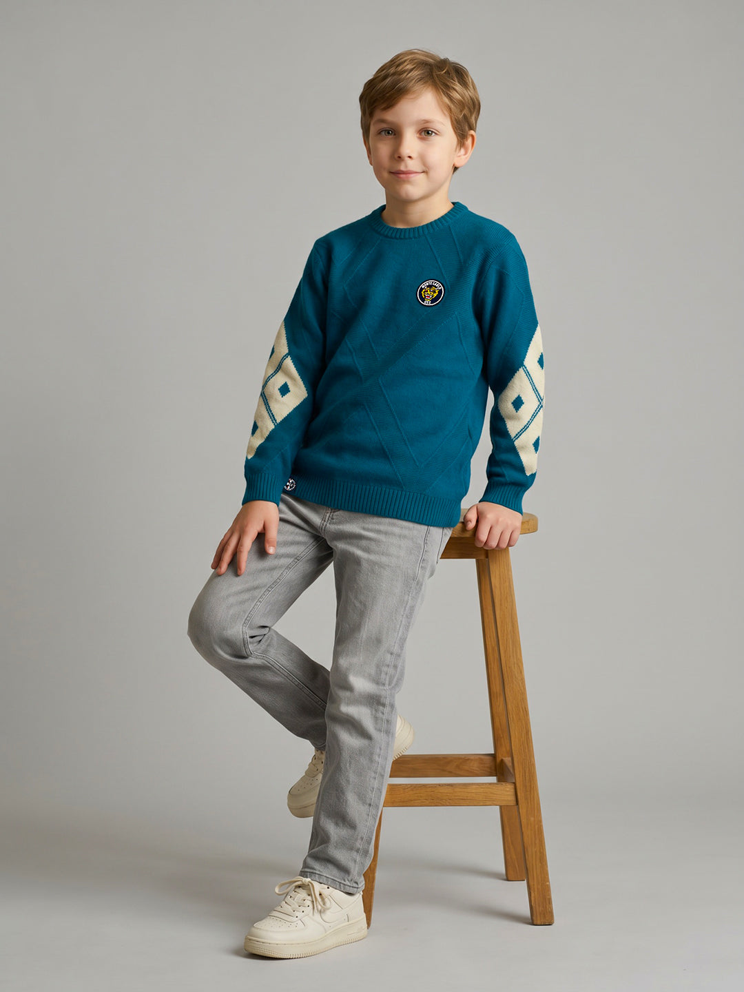 Boys Blue Jacquard Round Neck Full Sleeve Pullover