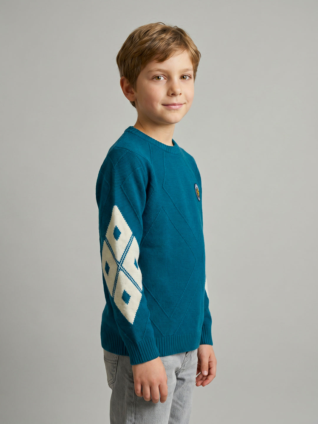 Boys Blue Jacquard Round Neck Full Sleeve Pullover
