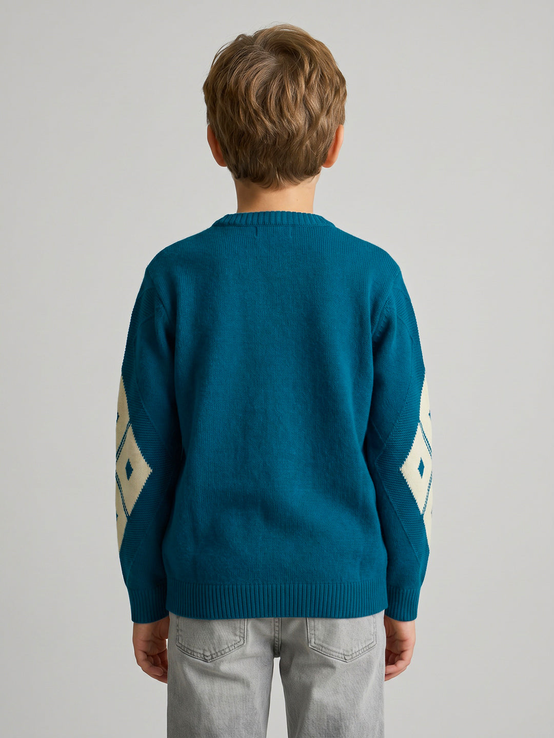 Boys Blue Jacquard Round Neck Full Sleeve Pullover