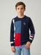 Boys Navy Blue Colourblocked Round Neck Full Sleeve Pullover