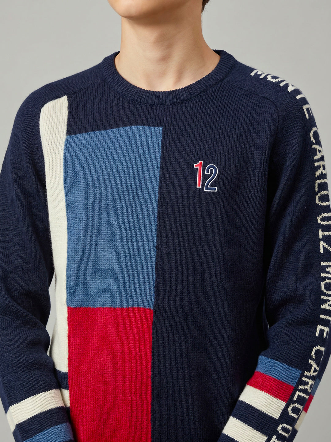 Boys Navy Blue Colourblocked Round Neck Full Sleeve Pullover
