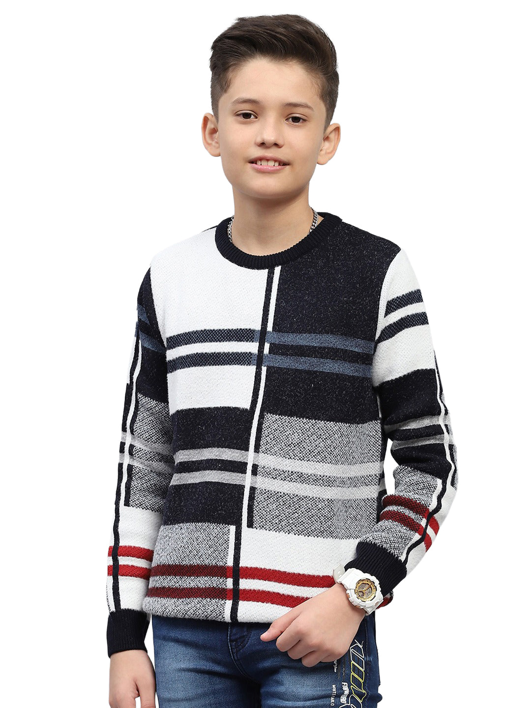 Boys Navy Blue Stripe Round Neck Full Sleeve Pullover