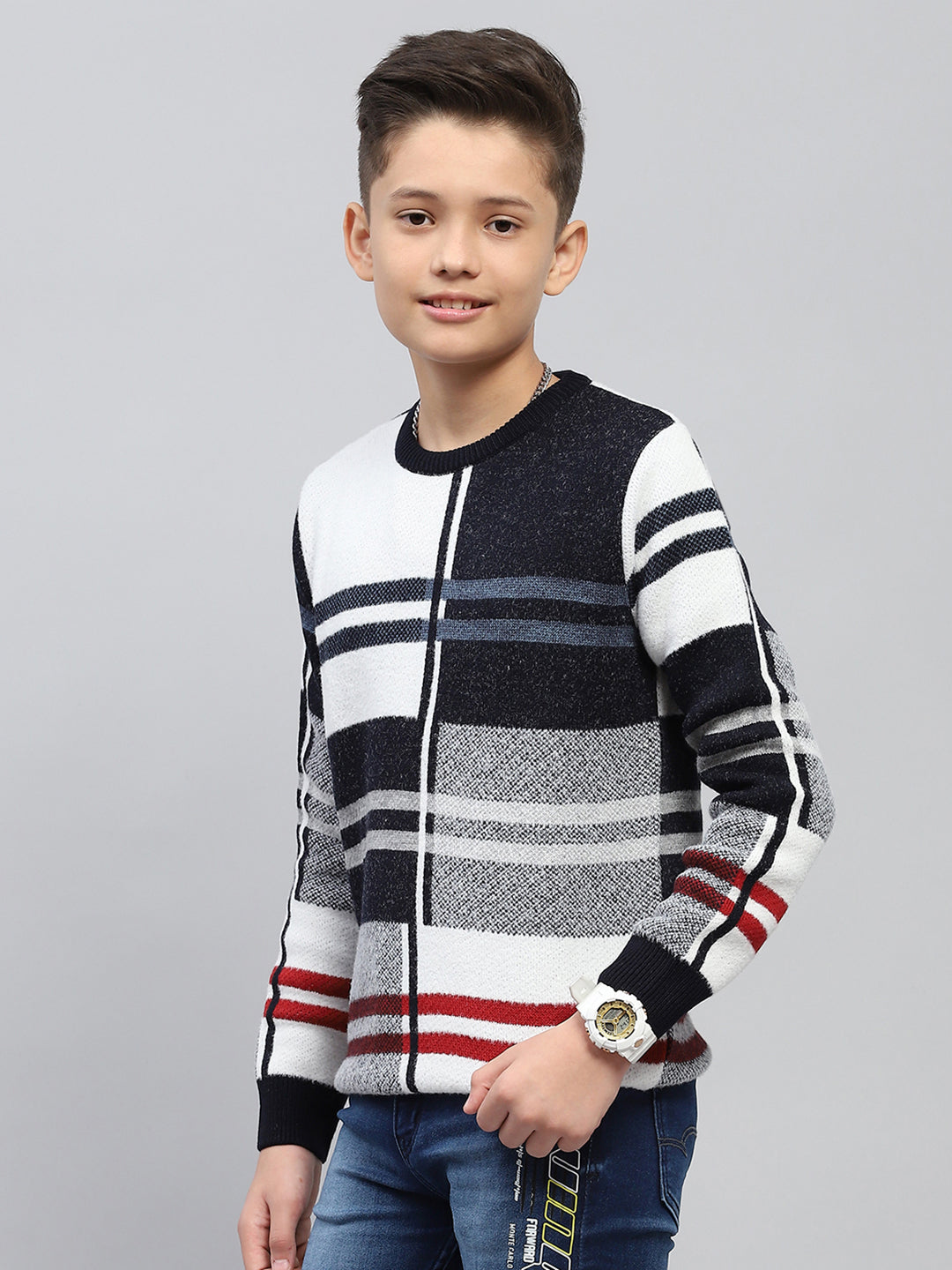 Boys Navy Blue Stripe Round Neck Full Sleeve Pullover