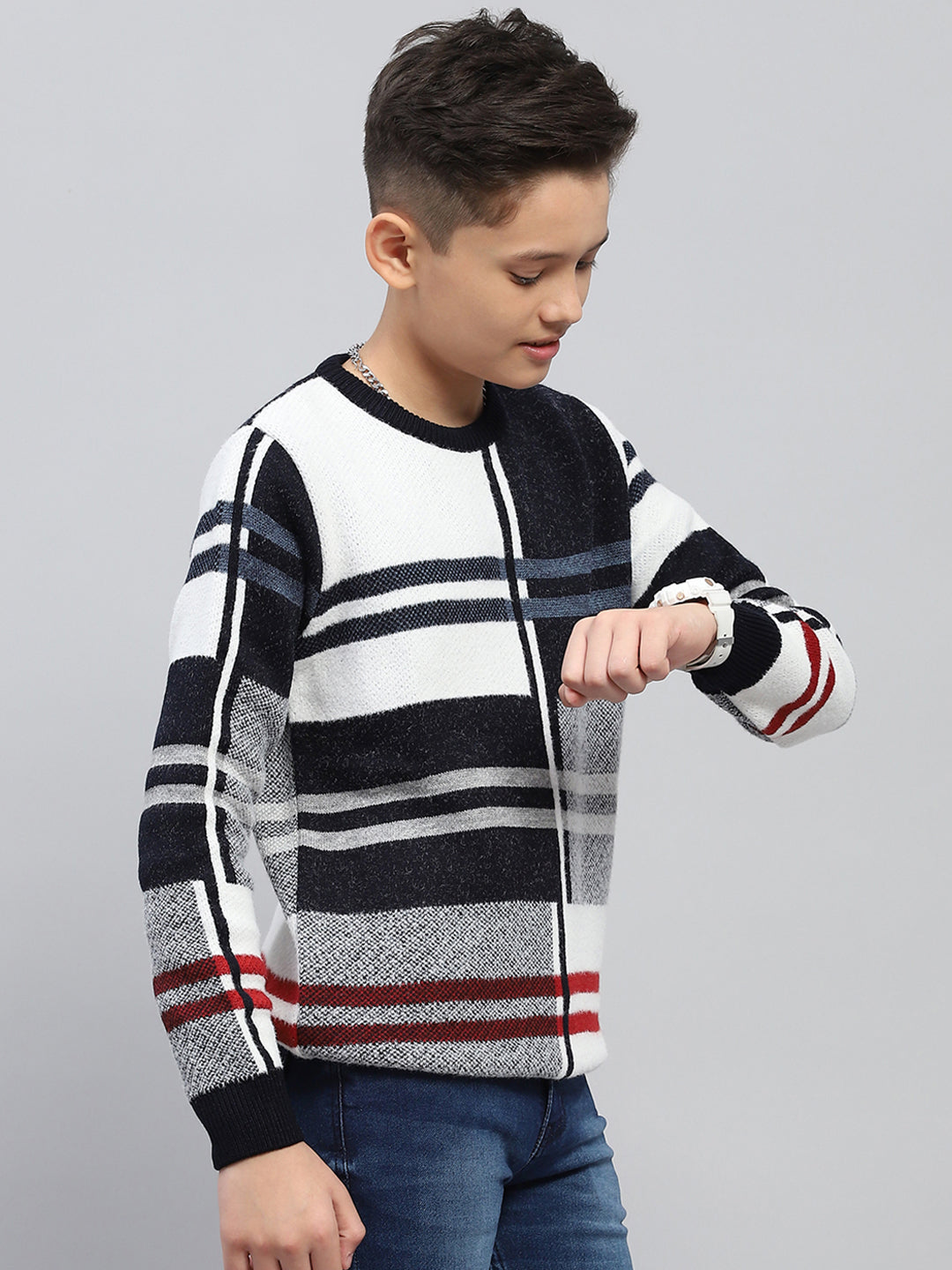 Boys Navy Blue Stripe Round Neck Full Sleeve Pullover
