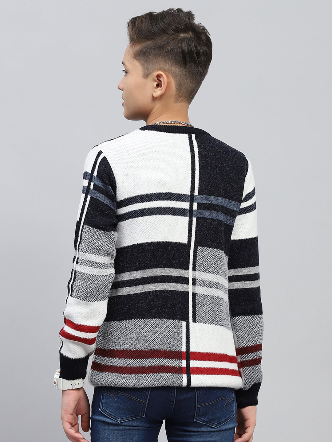 Boys Navy Blue Stripe Round Neck Full Sleeve Pullover
