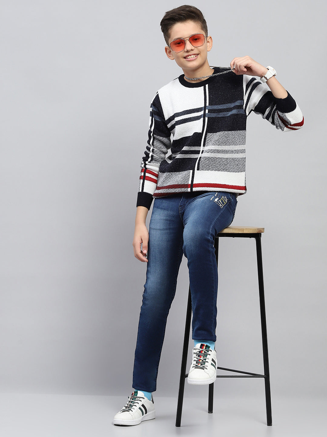 Boys Navy Blue Stripe Round Neck Full Sleeve Pullover
