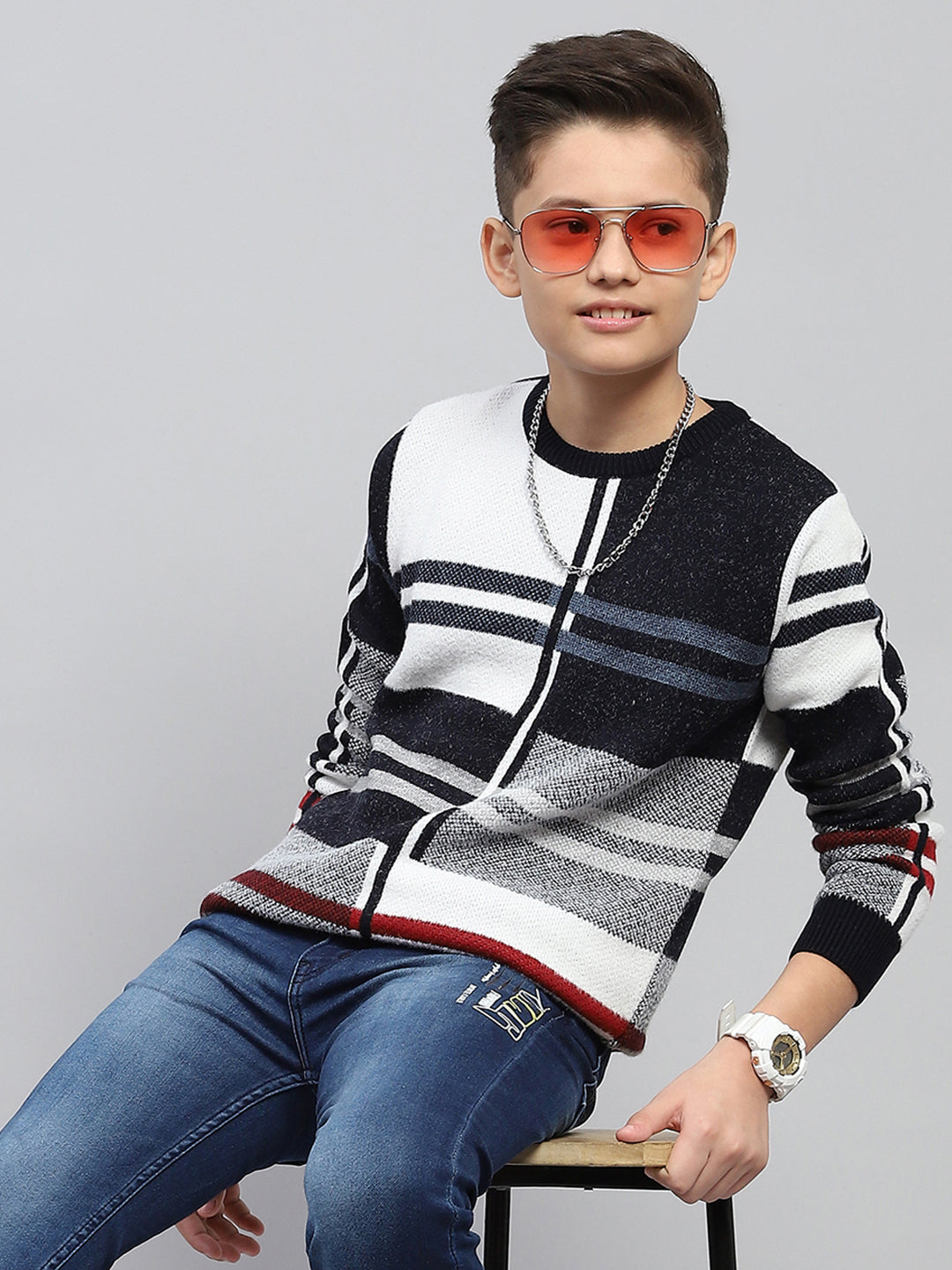 Boys Navy Blue Stripe Round Neck Full Sleeve Pullover