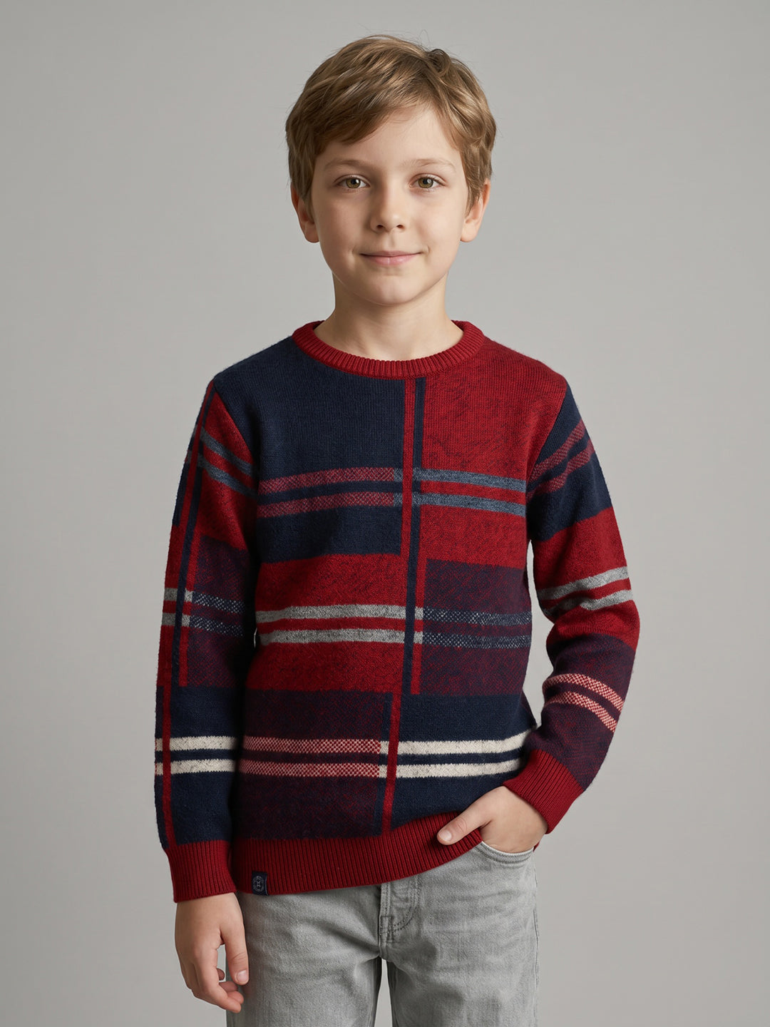 Boys Red Stripe Round Neck Full Sleeve Pullover