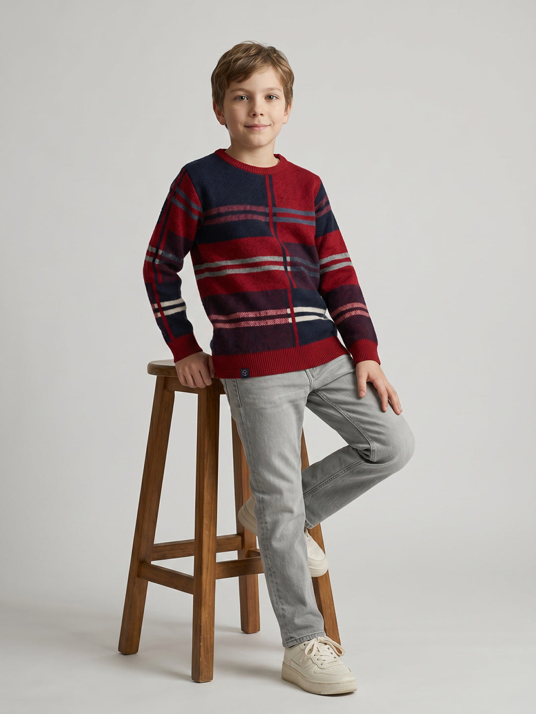 Boys Red Stripe Round Neck Full Sleeve Pullover