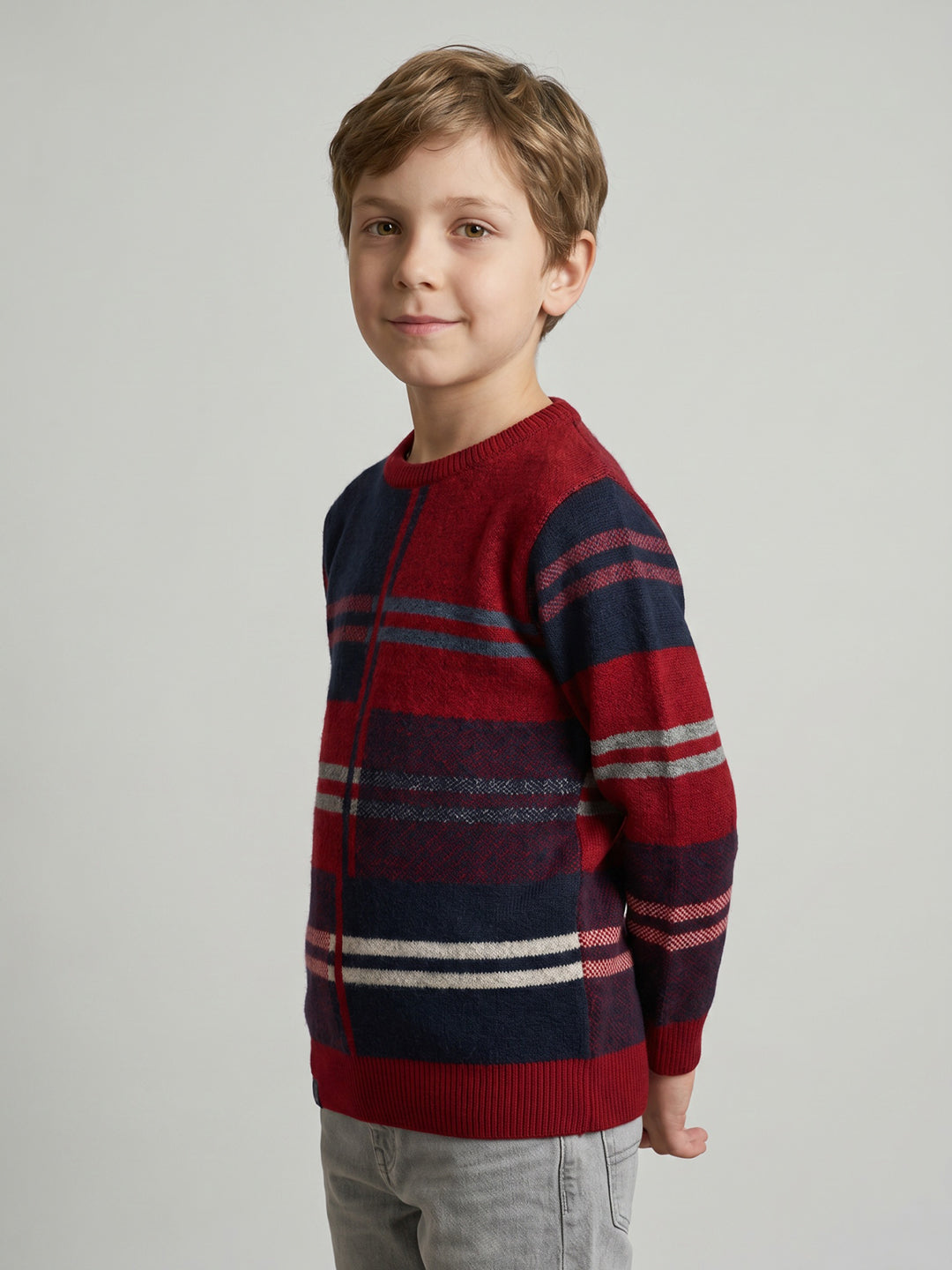 Boys Red Stripe Round Neck Full Sleeve Pullover