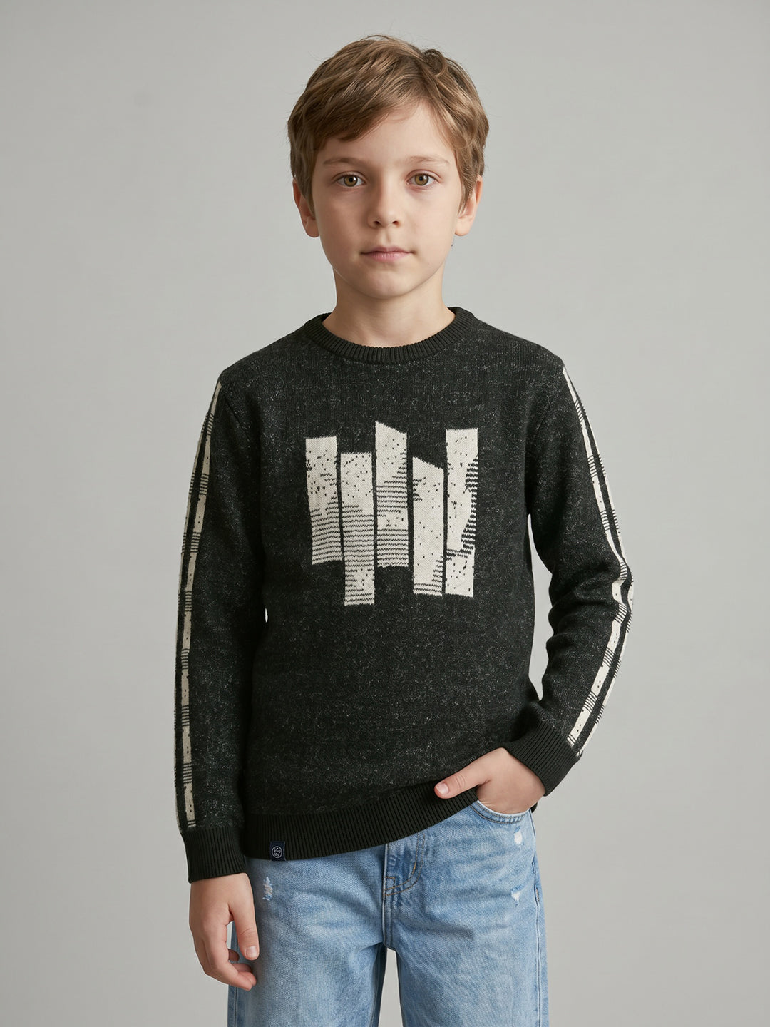 Boys Olive Jacquard Round Neck Full Sleeve Pullover