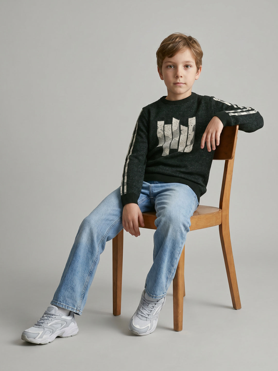 Boys Olive Jacquard Round Neck Full Sleeve Pullover