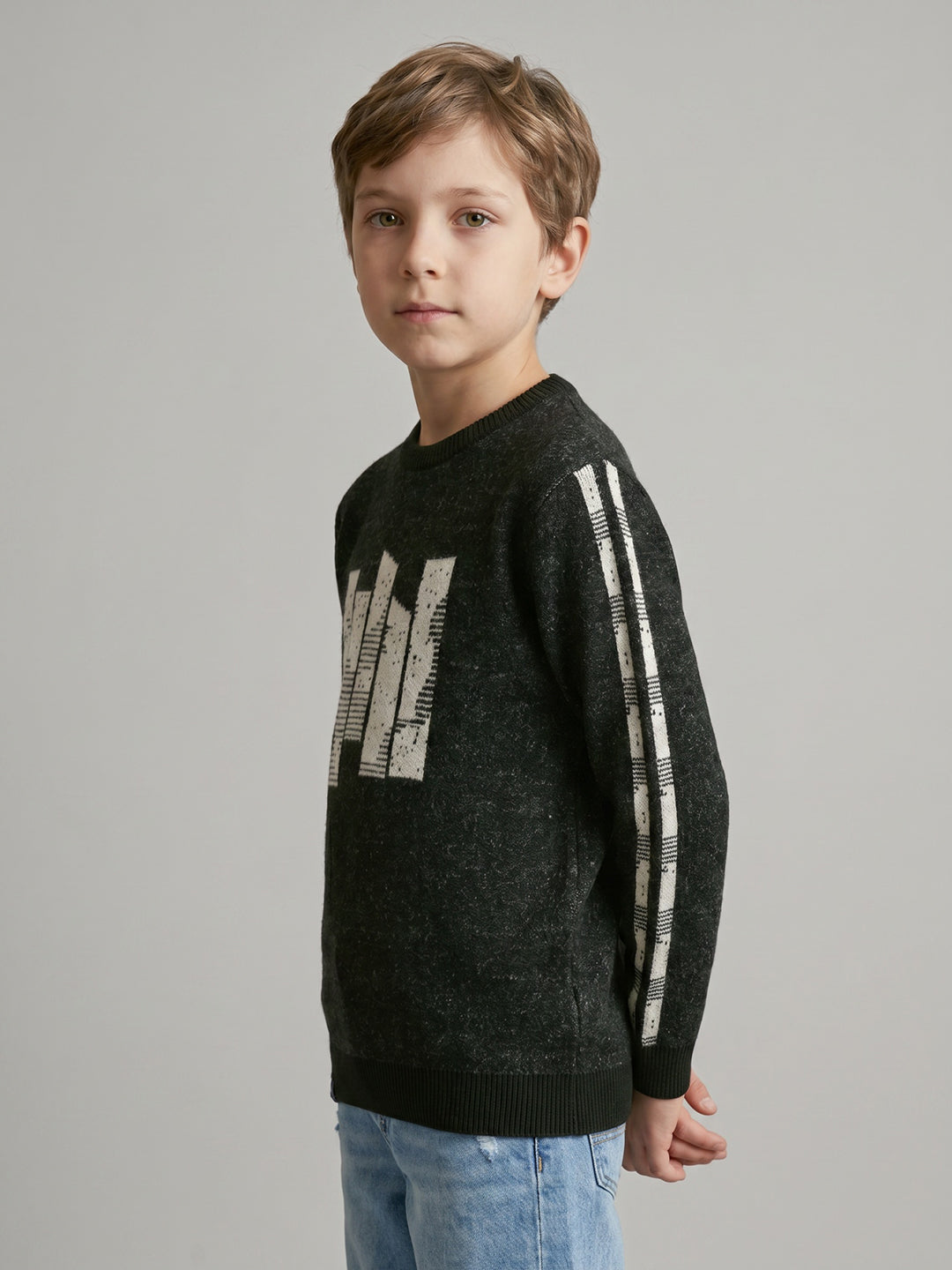 Boys Olive Jacquard Round Neck Full Sleeve Pullover