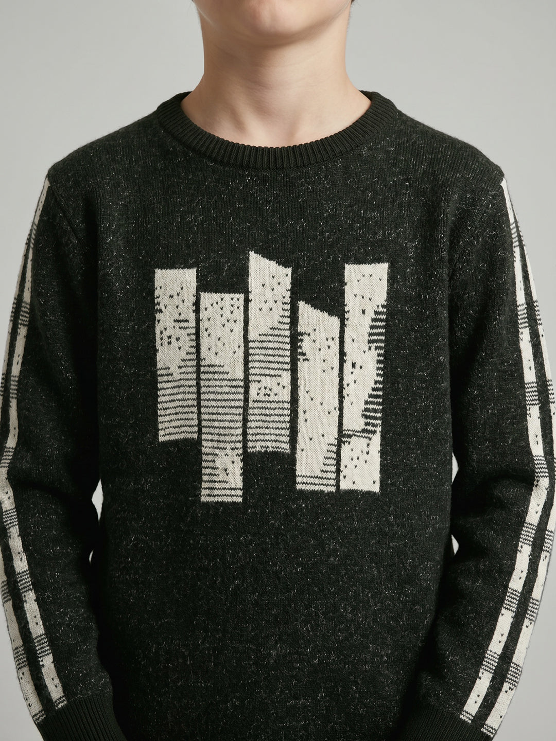 Boys Olive Jacquard Round Neck Full Sleeve Pullover