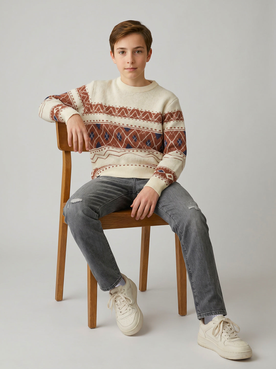 Boys White Jacquard Round Neck Full Sleeve Pullover