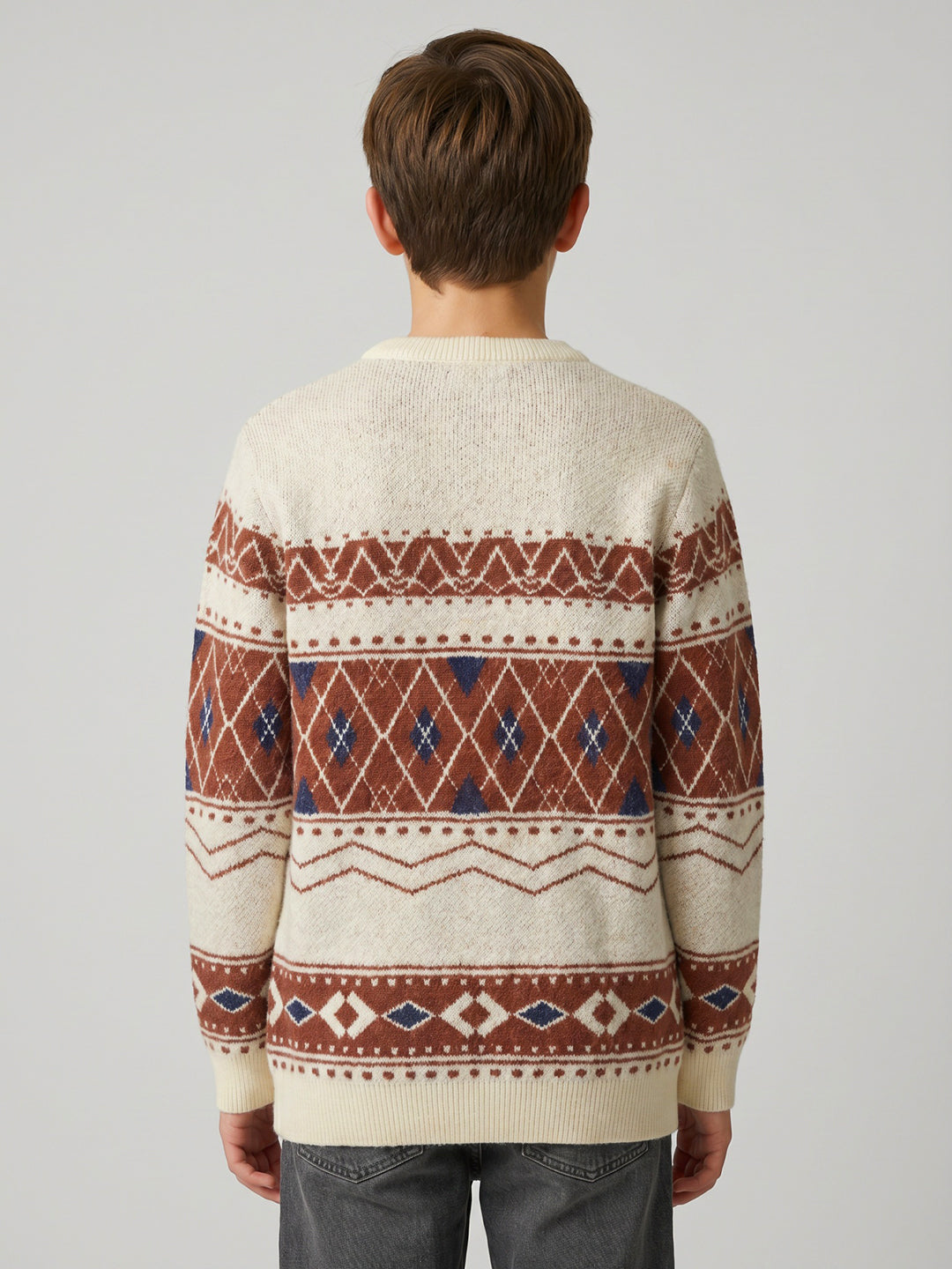 Boys White Jacquard Round Neck Full Sleeve Pullover