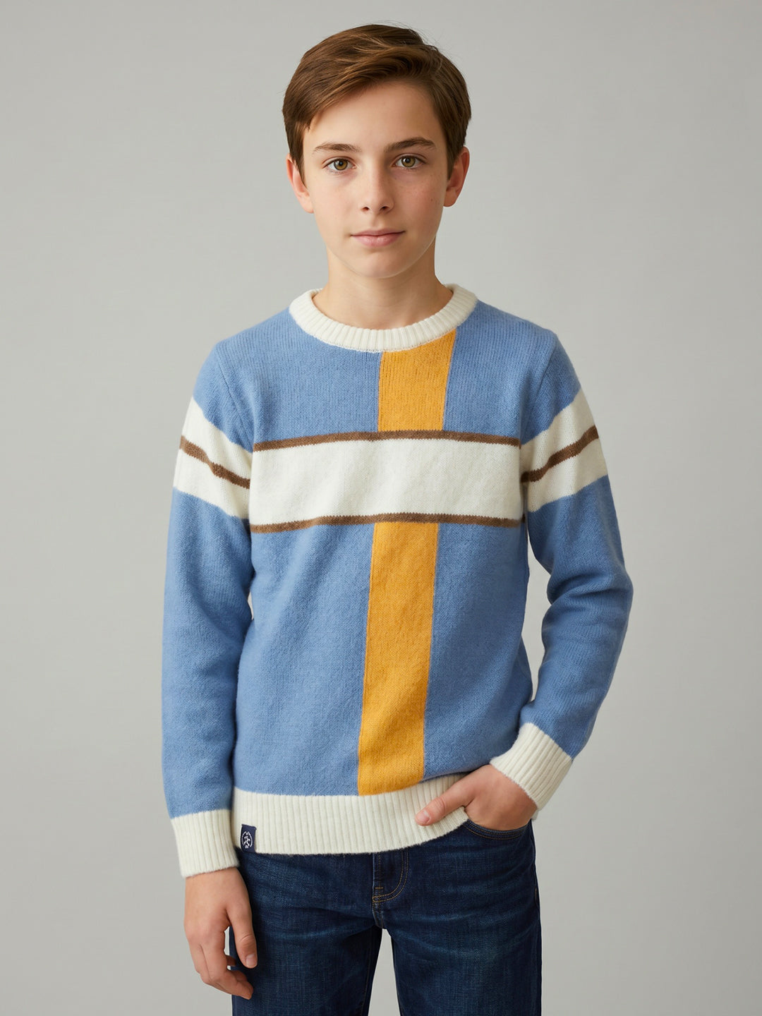 Boys Blue Stripe Round Neck Full Sleeve Pullover