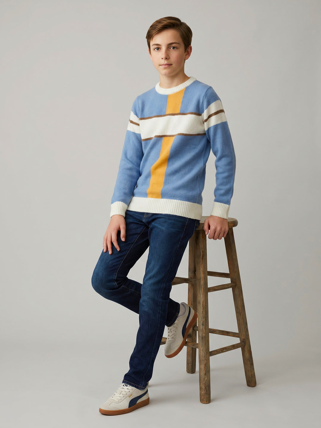 Boys Blue Stripe Round Neck Full Sleeve Pullover