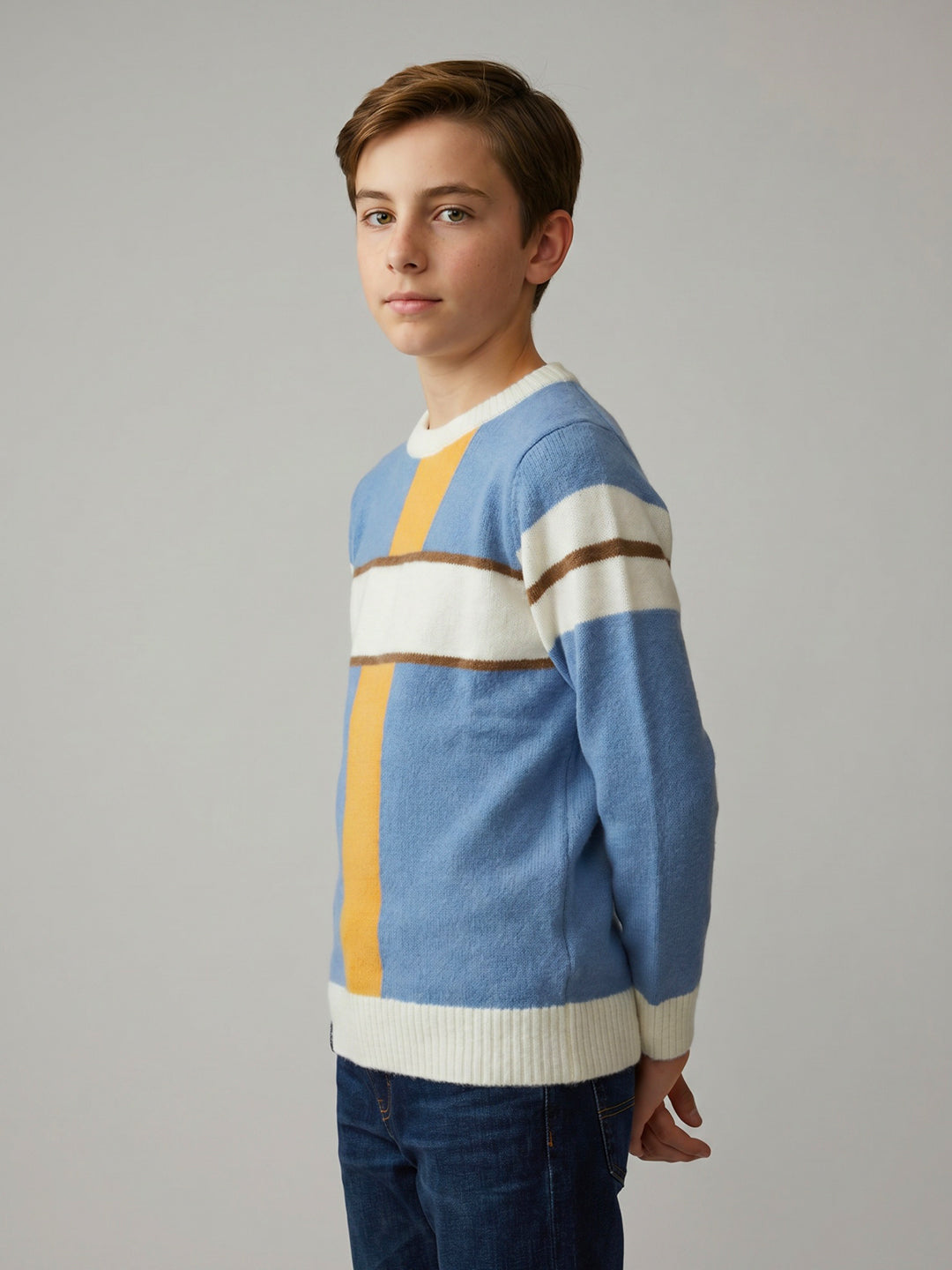 Boys Blue Stripe Round Neck Full Sleeve Pullover