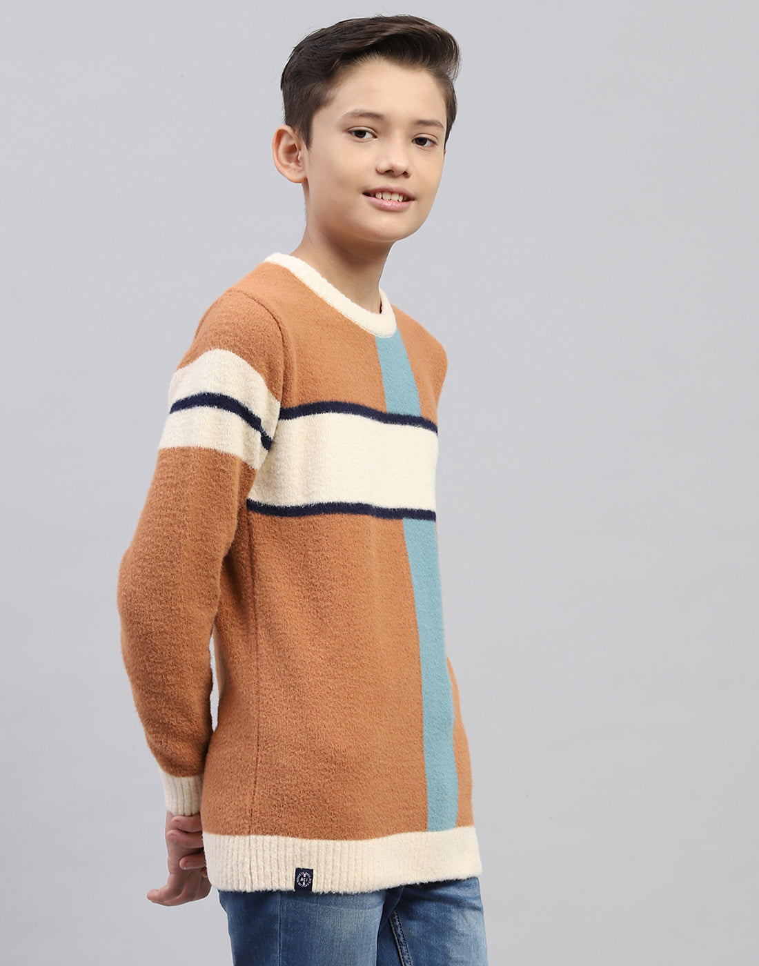 Boys Brown Stripe Round Neck Full Sleeve Pullover
