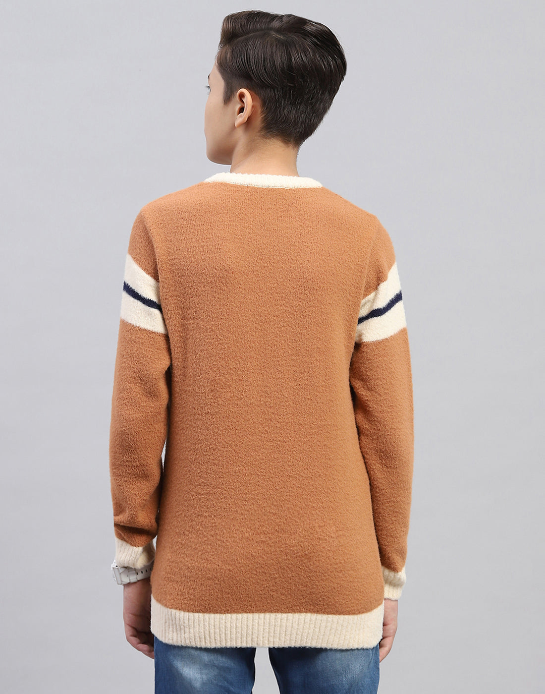 Boys Brown Stripe Round Neck Full Sleeve Pullover