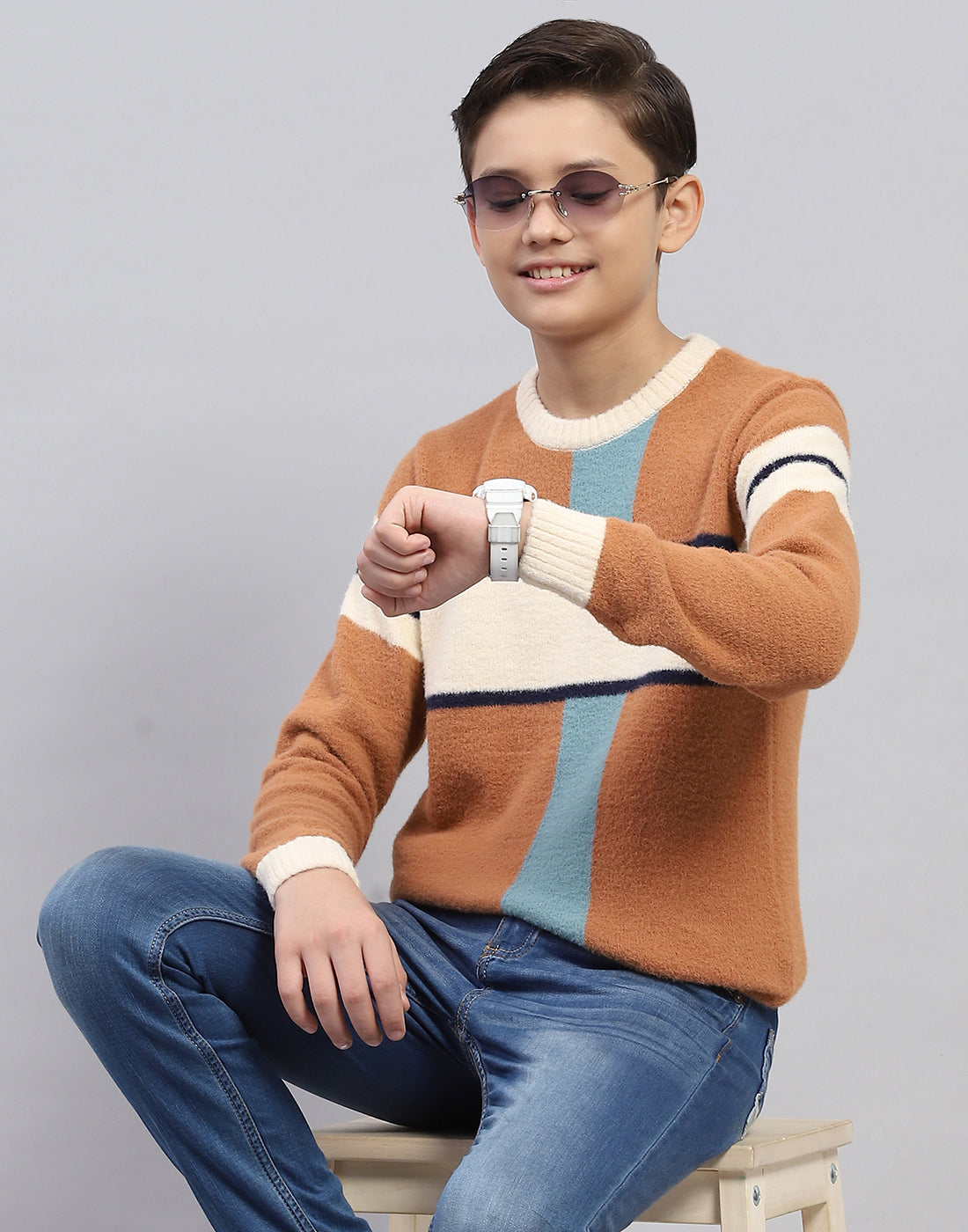 Boys Brown Stripe Round Neck Full Sleeve Pullover