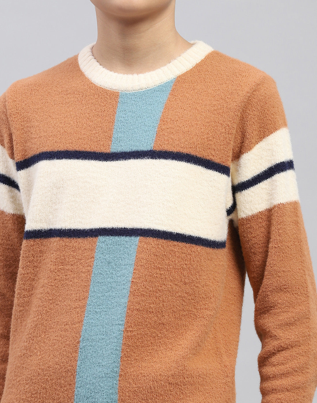 Boys Brown Stripe Round Neck Full Sleeve Pullover