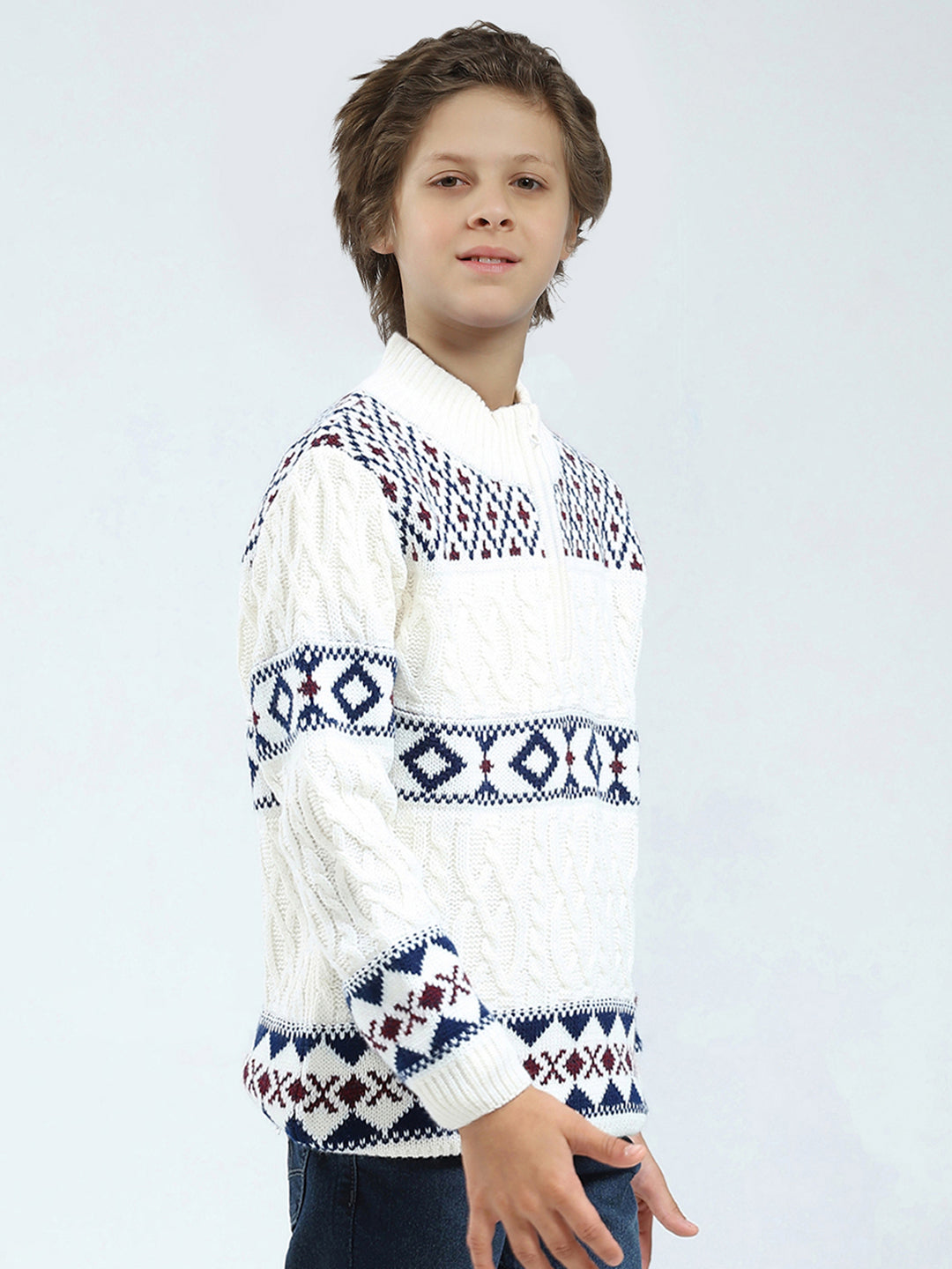 Boys White Self Design Mock Neck Full Sleeve Pullover