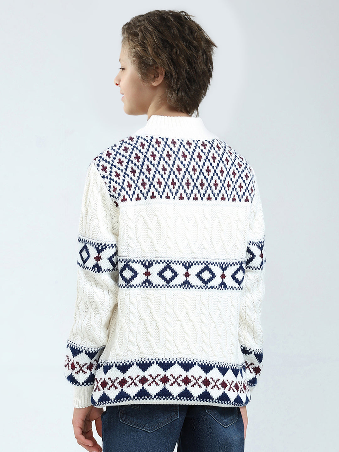 Boys White Self Design Mock Neck Full Sleeve Pullover
