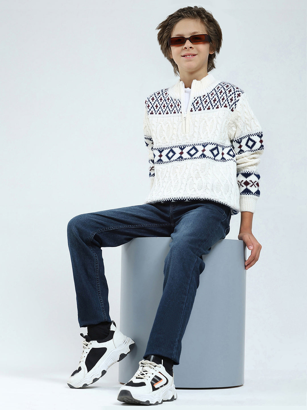 Boys White Self Design Mock Neck Full Sleeve Pullover
