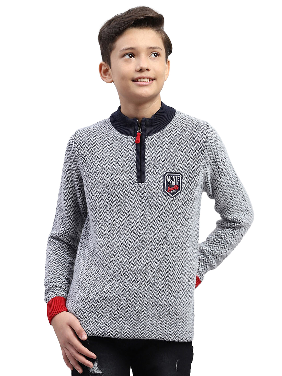 Boys Navy Blue Zig-Zag Mock Neck Full Sleeve Pullover
