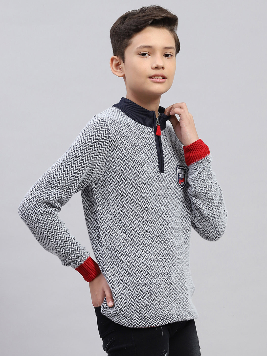 Boys Navy Blue Zig-Zag Mock Neck Full Sleeve Pullover