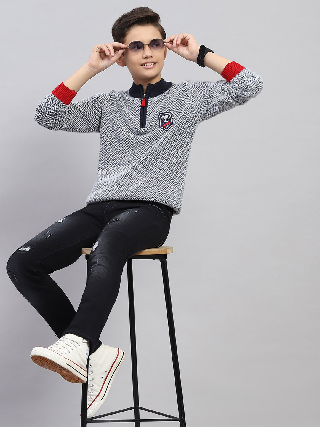 Boys Navy Blue Zig-Zag Mock Neck Full Sleeve Pullover