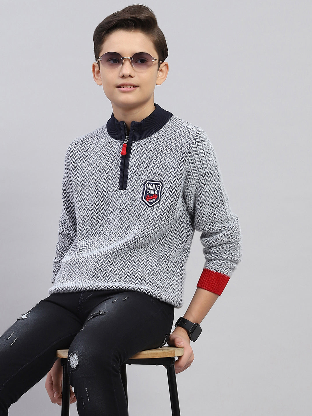 Boys Navy Blue Zig-Zag Mock Neck Full Sleeve Pullover