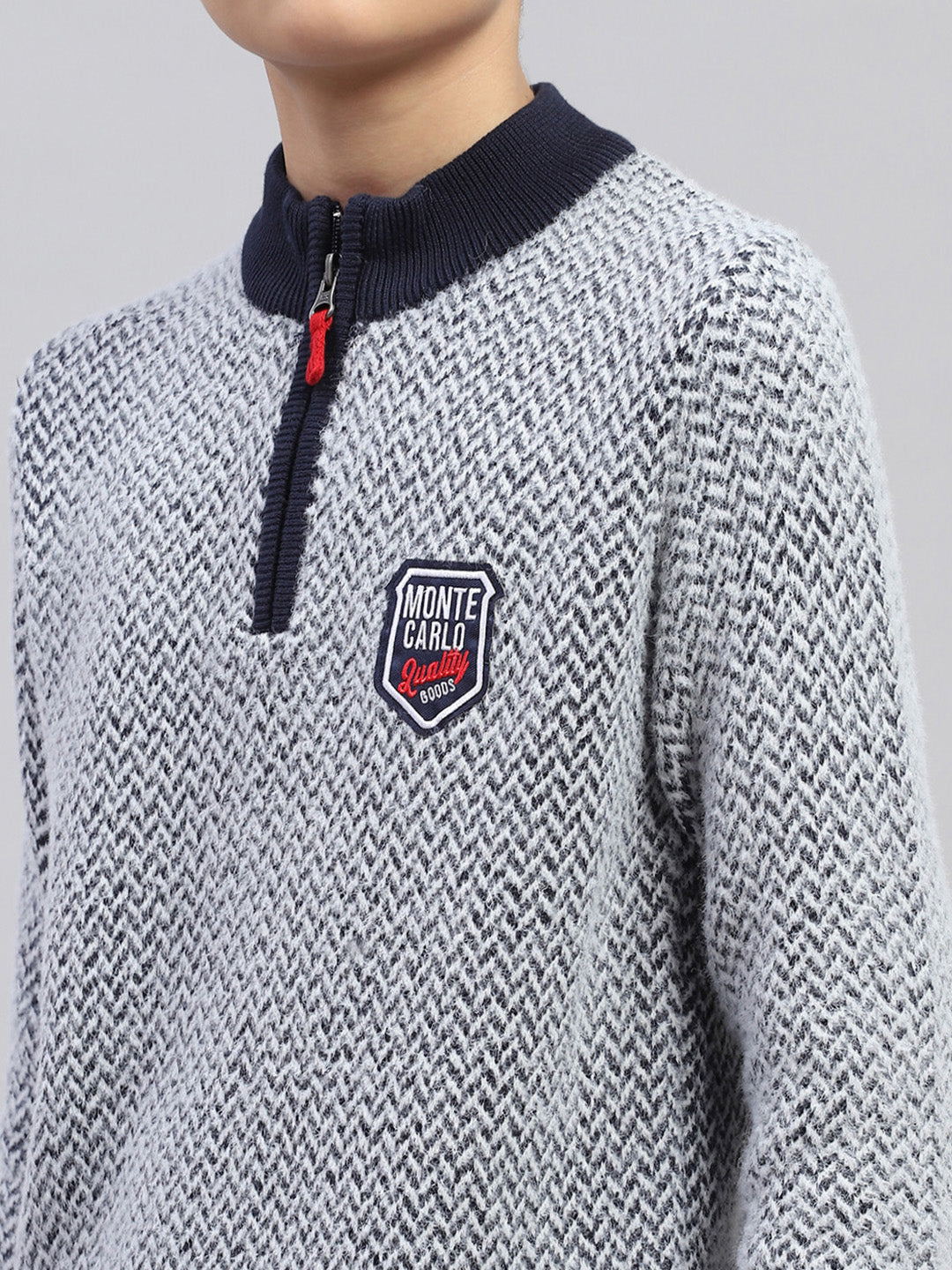 Boys Navy Blue Zig-Zag Mock Neck Full Sleeve Pullover