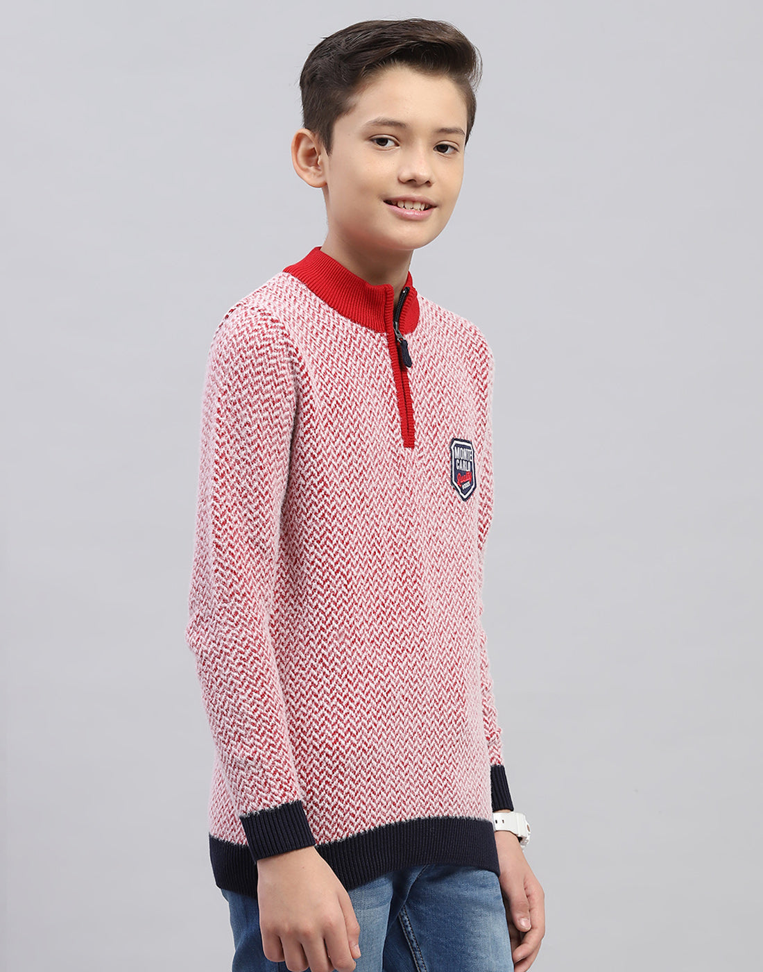 Boys Red Zig-Zag Mock Neck Full Sleeve Pullover