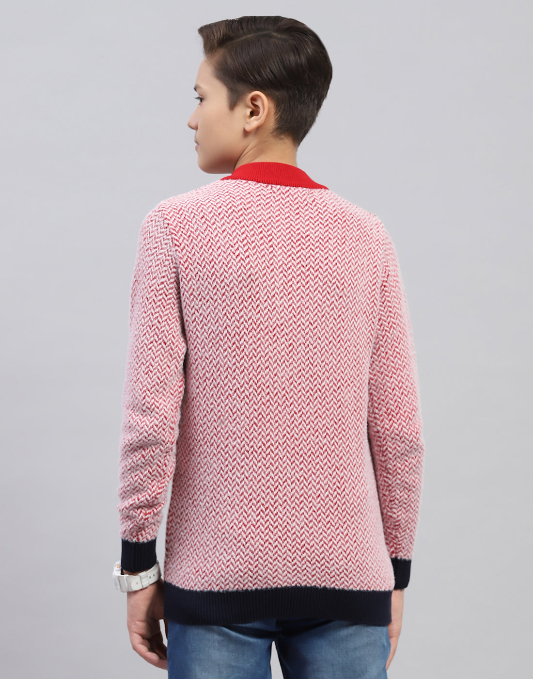 Boys Red Zig-Zag Mock Neck Full Sleeve Pullover