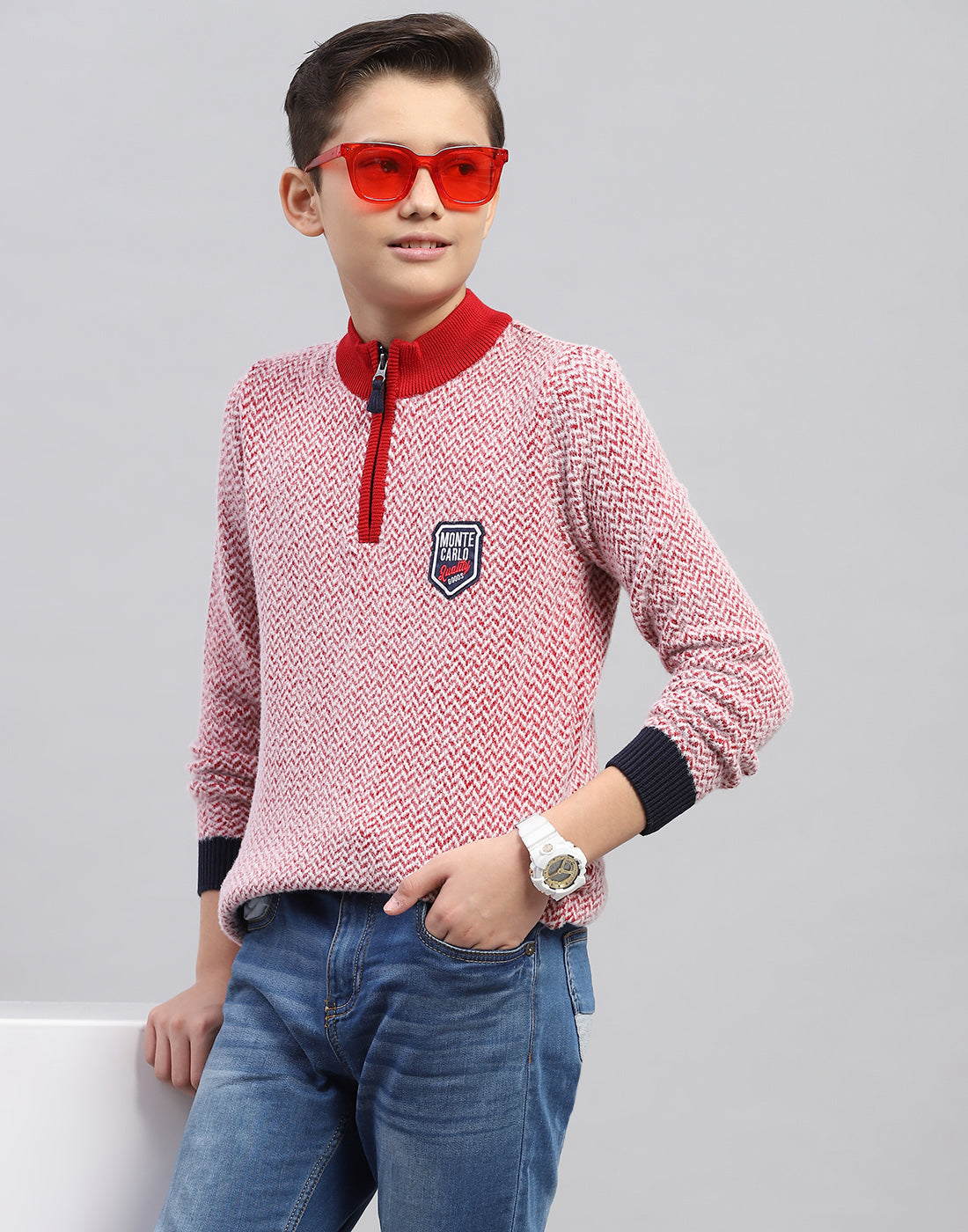 Boys Red Zig-Zag Mock Neck Full Sleeve Pullover