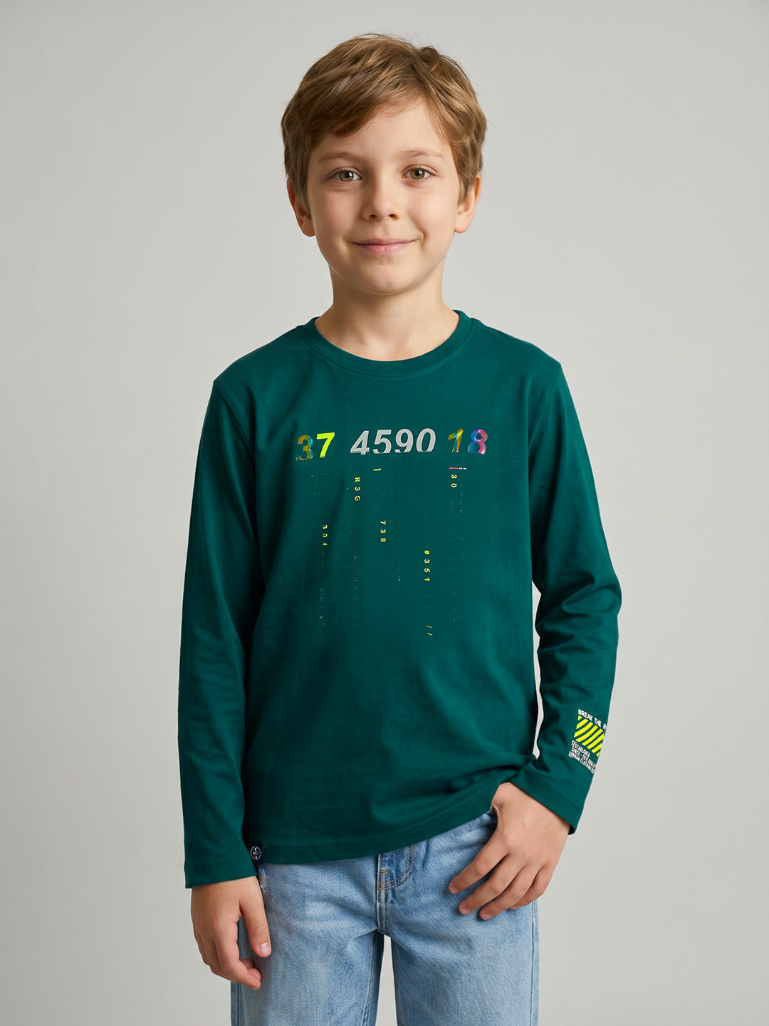 Boys Teal Blue Typography Print Round Neck Full Sleeve T-Shirt