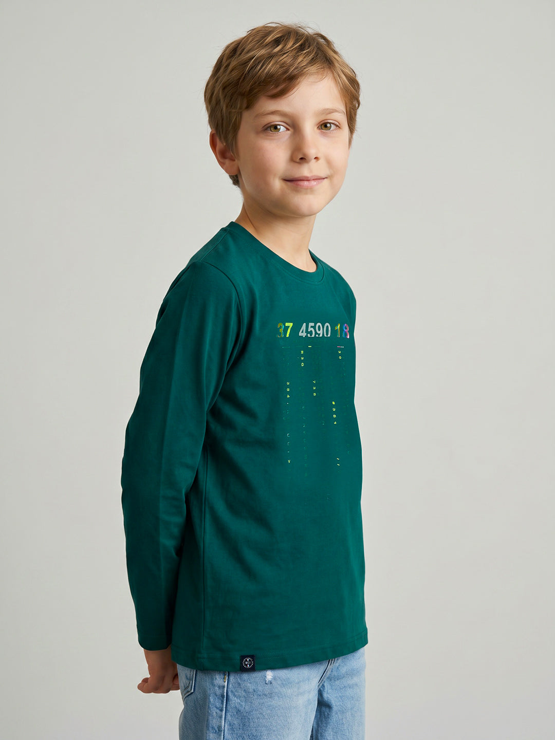 Boys Teal Blue Typography Print Round Neck Full Sleeve T-Shirt