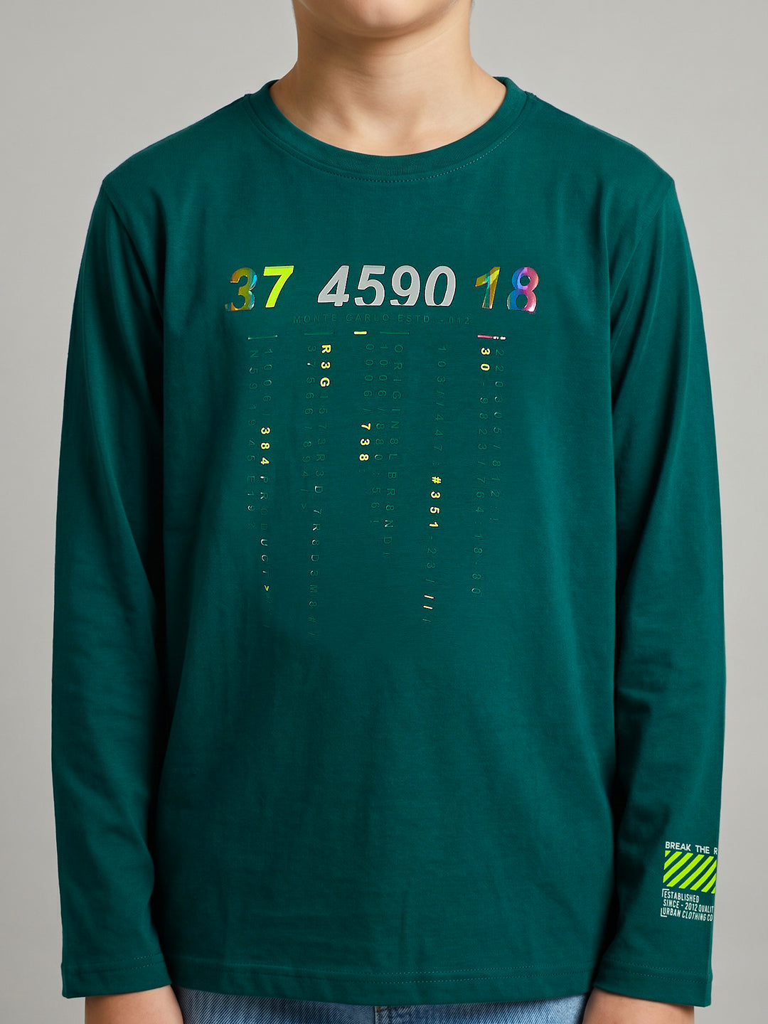 Boys Teal Blue Typography Print Round Neck Full Sleeve T-Shirt