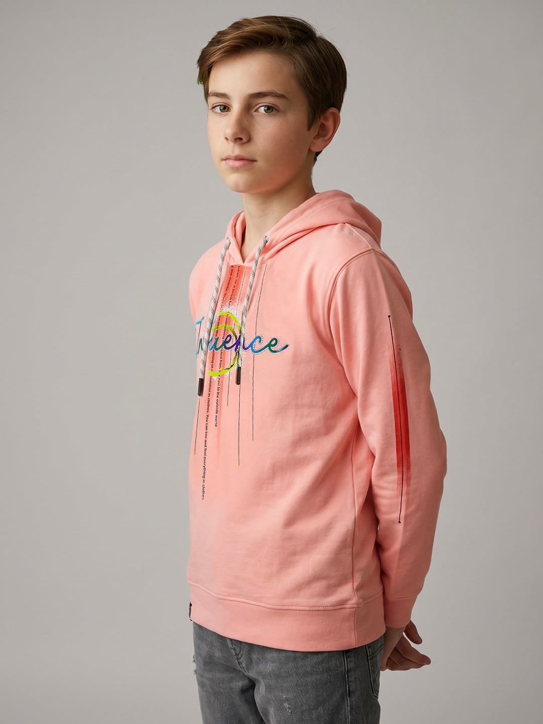 Boys Pink Printed Hooded Full Sleeve Winter T-Shirt