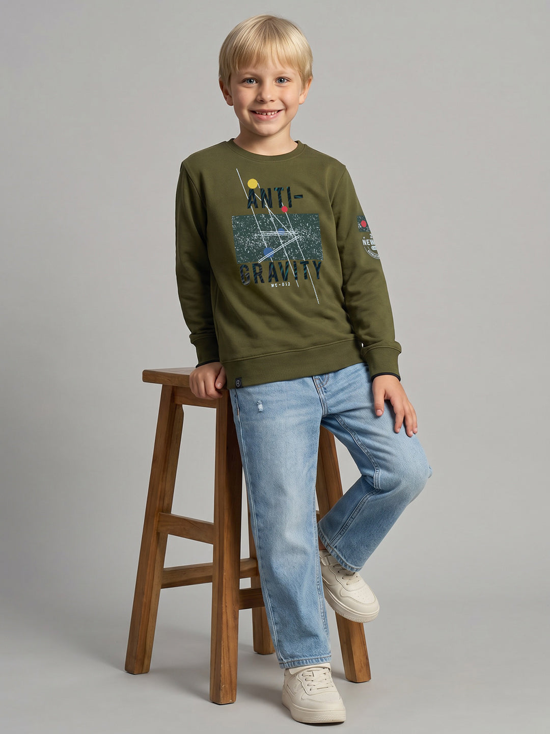 Boys Olive Printed Round Neck Full Sleeve T-Shirt