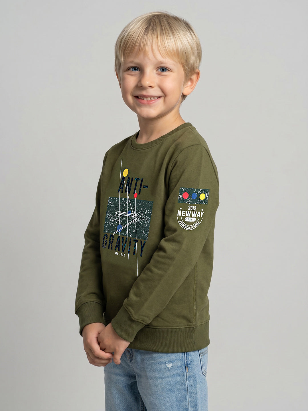 Boys Olive Printed Round Neck Full Sleeve T-Shirt