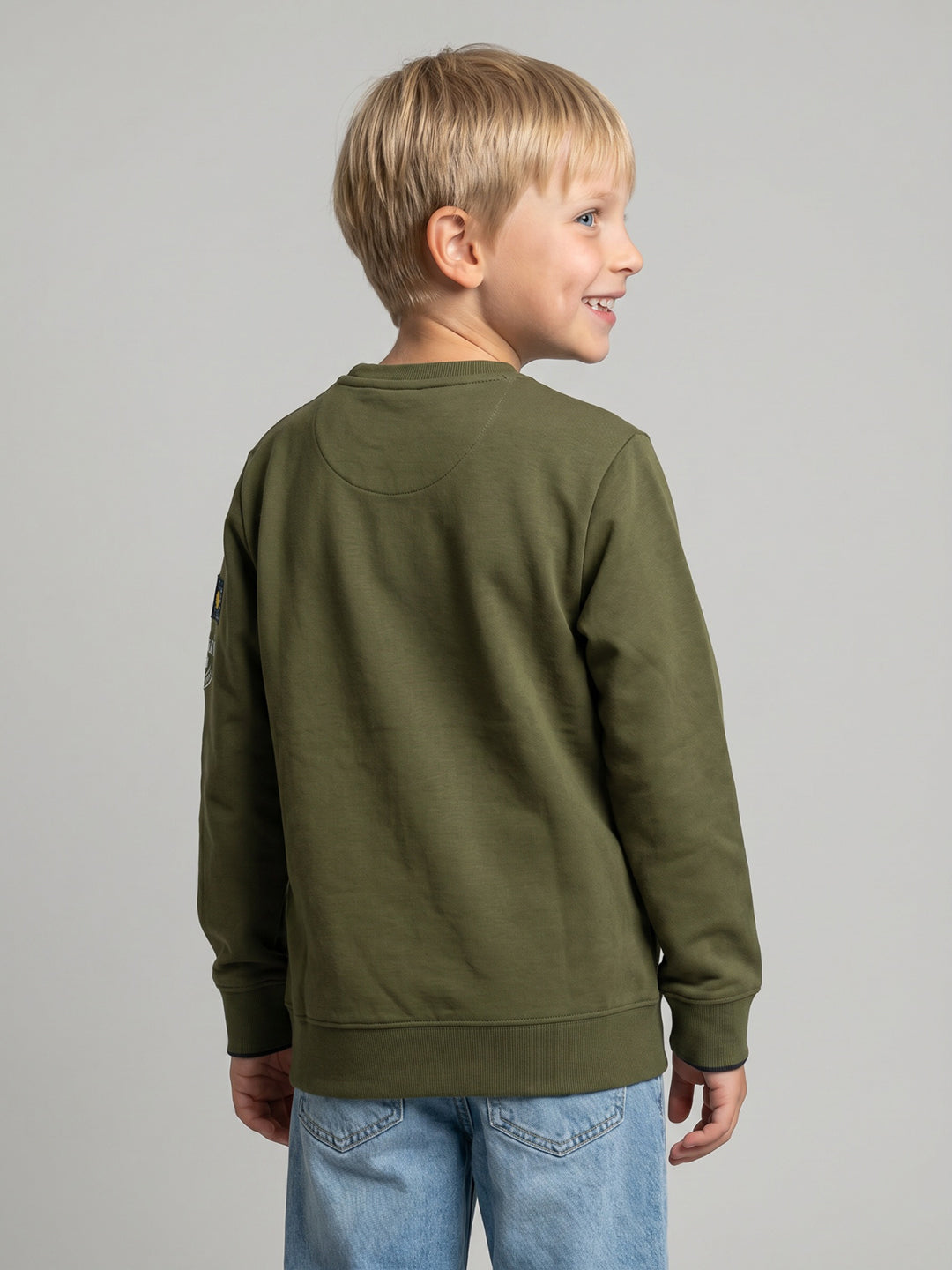 Boys Olive Printed Round Neck Full Sleeve T-Shirt