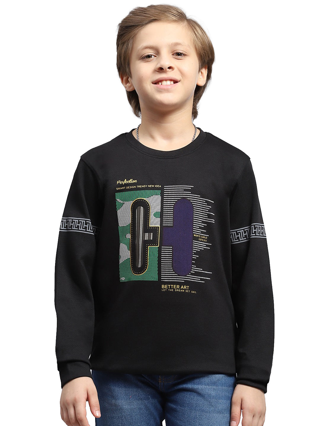 Boys Black Printed Round Neck Full Sleeve T-Shirt