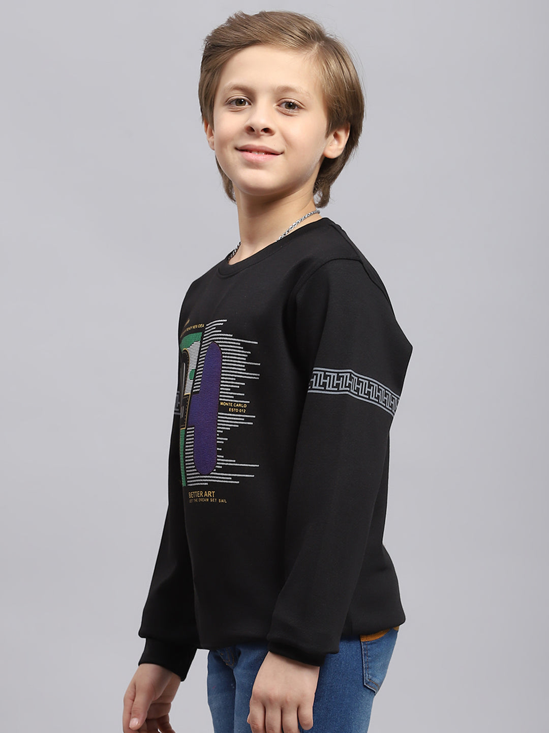 Boys Black Printed Round Neck Full Sleeve T-Shirt